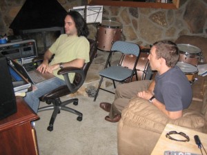 Ron and drummer Dave - transferring the test files to the MacBook Pro.